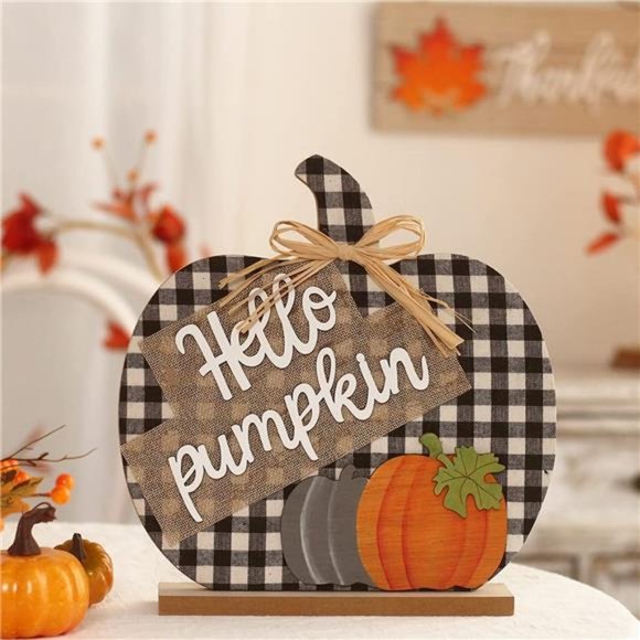 Fall Hello Pumpkin Sign Decorations, 12"/30CM Wooden Buffalo Plaid - Picture 1 of 6